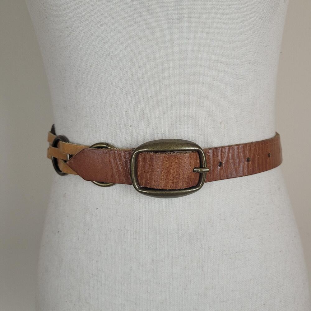 Express Belt Medium Brown Leather Chain Ring Buckle Boho Statement Brass Rugged‎
